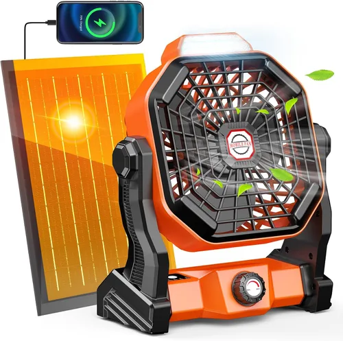 Vista 10 de Ventilador recargable con energía solar, (30 horas de funcionamiento) ventiladores de camping solares y linterna LED, ventilador portátil de 8