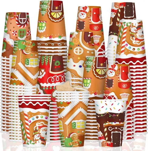 Vista 8 de Zhehao 200 Piezas Vasos de Papel de Navidad Xmas Vasos Desechables de Café 9 oz Santa Muñeco de Nieve Alce Vasos Desechables de Papel de Navidad