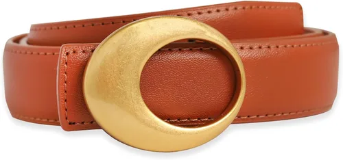 Vista 313 de Cinturón de cuero clásico con hebilla de metal para mujer con vestido de jeans