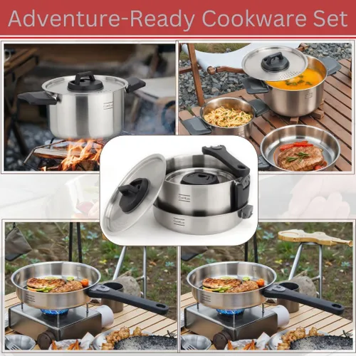 Vista 8 de Juego de utensilios de cocina de acero inoxidable para acampar, sartén con mango desmontable, ollas anidables para mochileros, campamento y cocina