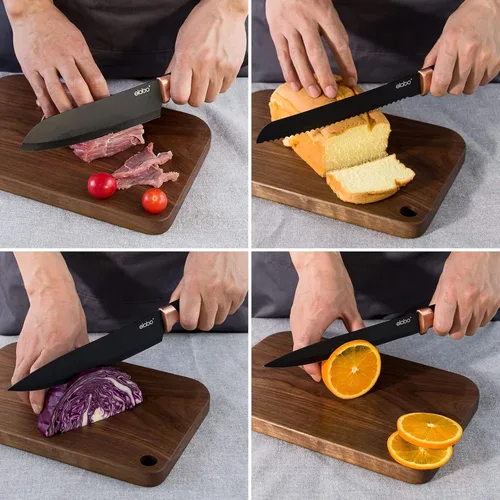 Vista 6 de elabo - Juego de cuchillos de cocina de acero inoxidable antiadherentes con soporte, 5 piezas, color negro, mango de oro rosa