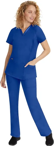 Vista 3 de Healing Hands Scrubs Top 3 bolsillos con cuello en V 2278 Jasmin para mujer, Azul (Aqua Mist)