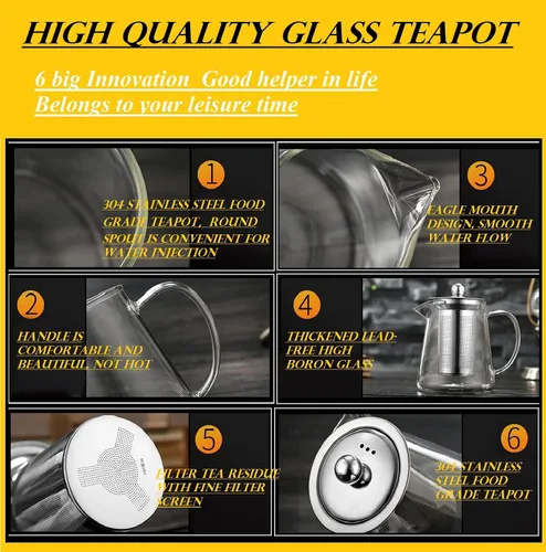 Vista 6 de Tetera de Vidrio de Tamaño Mini Tetera de Té - con Infusor Extraíble de Acero Inoxidable para Té Floreciente y Té de Hojas Sueltas, Apta