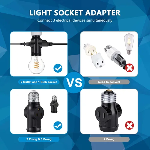Vista 5 de 2 adaptadores de enchufe de luz de 3 clavijas, convertidor de enchufe de bombilla negra polarizada, bombillas E26/E27 a enchufe de 2/3 clavijas
