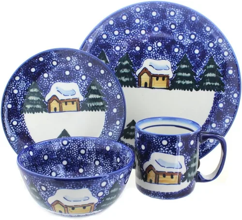 Vista 2 de Blue Rose Polish Pottery - Juego de vajilla de 16 piezas de piña marrón, 4 lugares, juego de vajilla de cerámica, regalo único de Navidad y vajilla