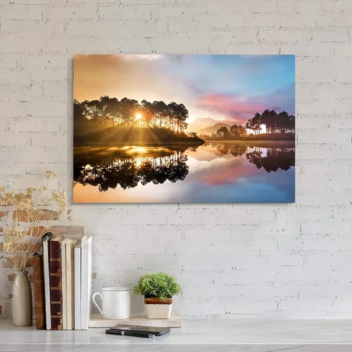 Vista 3 de SD SOFT DANCE - Lienzo de pared con paisaje del lago natural: arte de la naturaleza con escena de atardecer, bosque y montañas, pintura panorámica