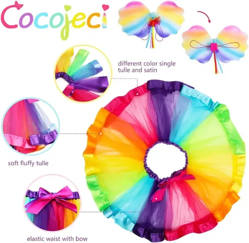 Vista 6 de Cocojeci Faldas de tutú arcoíris en capas con alas y diadema de unicornio para niñas pequeñas