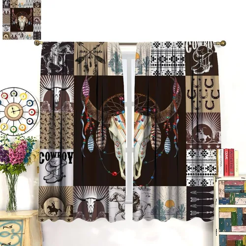 Vista 313 de Cortinas con patrón geométrico tribal, estilo suroeste, azteca, rústico, occidental, nativo americano, opacas, con bolsillo para barra, decoración