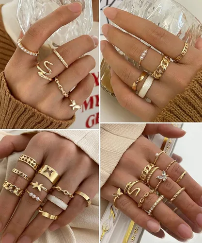 Vista 3 de Juego de 30 anillos de nudillos dorados vintage bohemios de serpientes mariposa apilables para mujeres y niñas anillos midi plateados