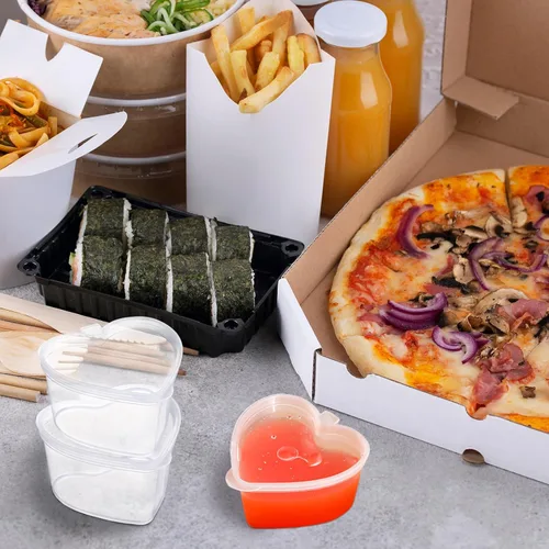 Vista 9 de 50 tazas de salsa desechables con tapas, vasos de plástico en forma de corazón de gelatina de 1.5 onzas, recipientes transparentes para aderezo