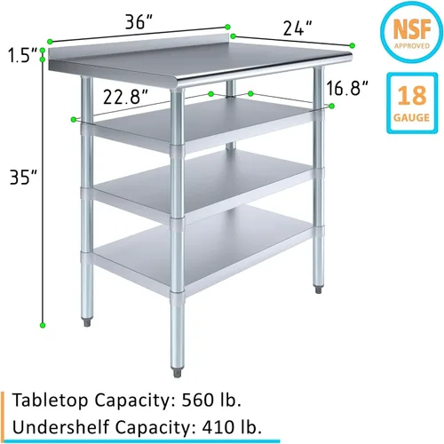 Vista 3 de Mesa de trabajo de acero inoxidable con protector contra salpicaduras de 1.5 pulgadas y 3 estantes, mesa de metal para preparación de alimentos
