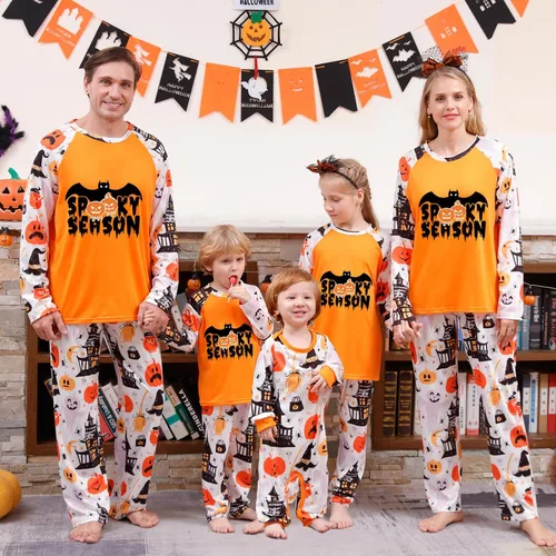Vista 2 de MAINESAKA Conjunto de pijamas de Halloween a juego para la familia, con estampado de calabazas, conjuntos de pijamas a juego para adultos y niños