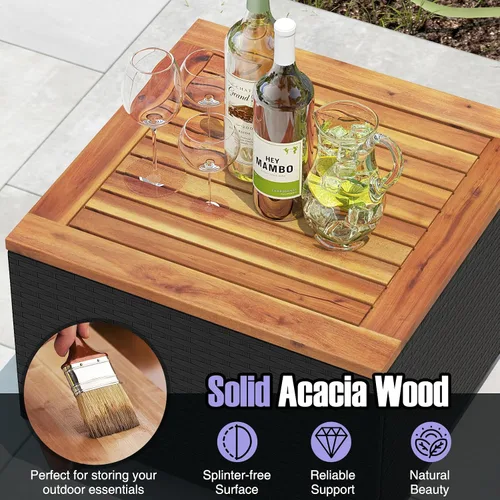 Vista 3 de COSTWAY Juego de muebles de ratán de 3 piezas, juego de sillas de mimbre para exteriores con mesa de centro de madera de acacia y cojín lavable
