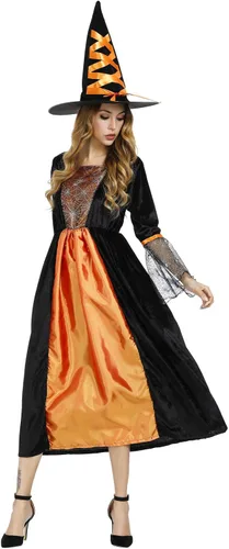 Vista 3 de Zhitunemi Disfraz de bruja para mujer, vestido de hechicera, sombrero de bruja malvada de araña, disfraces