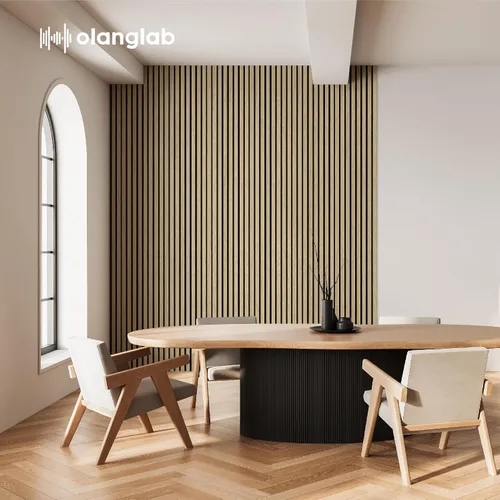 Vista 2 de Olanglab Paneles de pared de listones de madera, paquete de 4 paneles de pared acústicos de madera, 94.5"x12.6" pulgadas cada uno paneles de pared