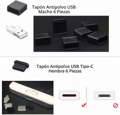 Vista 6 de 30 tapones USB antipolvo con 6 tipos, tapón antipolvo USB tipo C, protector de puerto de silicona suave micro USB, protector de cubierta antipolvo