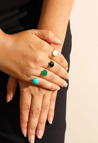 Vista 5 de YoTreasure 14K Gold Over 925 Silver Rainbow Moonstone Labradorite Black Onyx Blue Mohave Turquoise Rings Jewelry