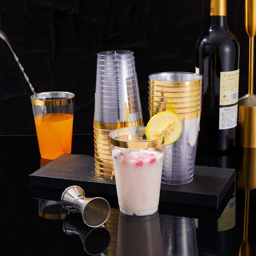 Vista 9 de N9R 60 platos de postre de plástico dorado con tenedores y 72 vasos de plástico dorados