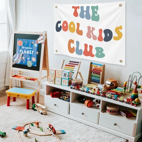 Vista 7 de Yinkin Playroom Decor The Cool Kids Club - Pancarta de pared de 36 x 26 pulgadas, diseño de arco iris, lindo y colorido tapiz para colgar