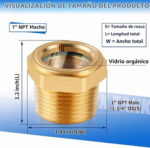Vista 8 de Vista de aceite para compresor de aire, 1 NPT macho cabeza hexagonal de aceite de vidrio de vista de aceite de latón macizo resistente, indicador