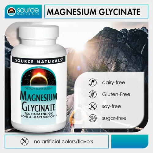 Vista 6 de Source Naturals Glicinato de magnesio, quelado para una alta absorción para energía calma, apoyo óseo y cardíaco*, 200 mg por porción - 60 tabletas