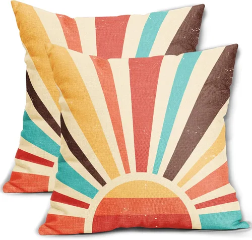 Vista 2 de Juego de 2 fundas de almohada verdes bohemias de 16 x 16 pulgadas, diseño bohemio, amanecer, puesta de sol, estampado abstracto de sol, fundas
