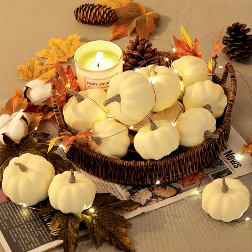 Vista 5 de Artgar Decoración de Calabaza - Calabaza Blanca - Juego de 10 Mini Calabazas de Cosecha - Calabazas de Espuma Beige para Decoración del Hogar DIY