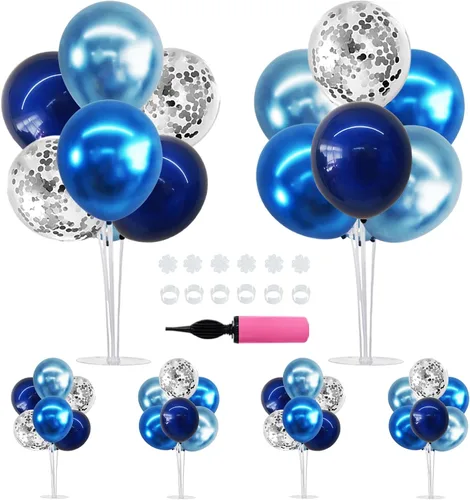 Vista 45 de TONIFUL Juego de 4 centros de mesa de globos con soporte para globos de color negro, azul y plateado