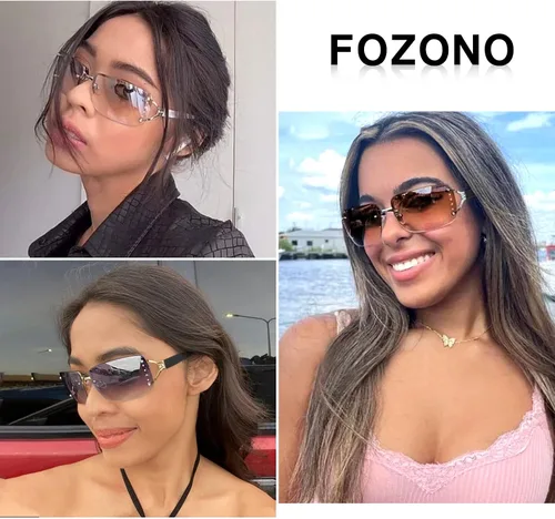 Vista 5 de Fozono Gafas de sol Y2K de moda para mujer, lentes rectangulares sin montura con gradiente Y2K, gafas de sol estéticas de moda