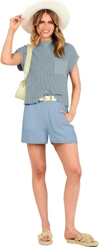 Vista 5 de ANRABESS Conjunto de dos piezas para mujer, suéter corto, suéter y pantalones cortos, conjunto de ropa de descanso
