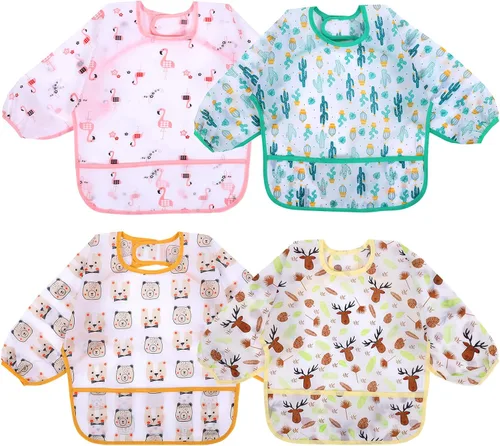 Vista 10 de Accmor 4 Pack Long Sleeve Bibs, Baby Smock Waterproof Full Sleeved Bib for Baby Toddler 6-36 Months