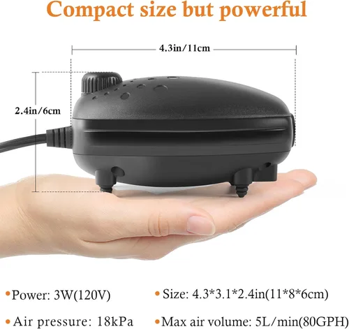 Vista 2 de HITOP 3W 80GPH Adjustable Aquarium Air Pump, Upgrade Quiet Oxygen Pump, Powerful Air Aerator for Fish Tank up to 120 Gallon