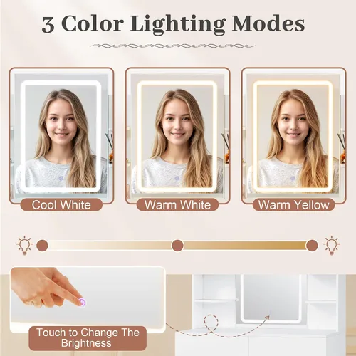Vista 3 de JUMMICO Tocador de maquillaje con espejo y luces, escritorio de tocador con 3 modos de color y brillo de luz ajustable, mesa de maquillaje con cajón