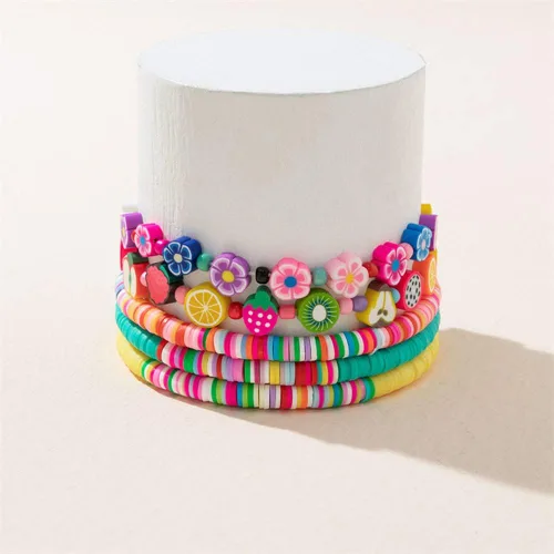 Vista 2 de 8 pulseras de surf de disco sonriente de arcilla colorida, sonrisa feliz mal de ojo, pulsera apilable, bohemia, multicolor, arcilla polimérica