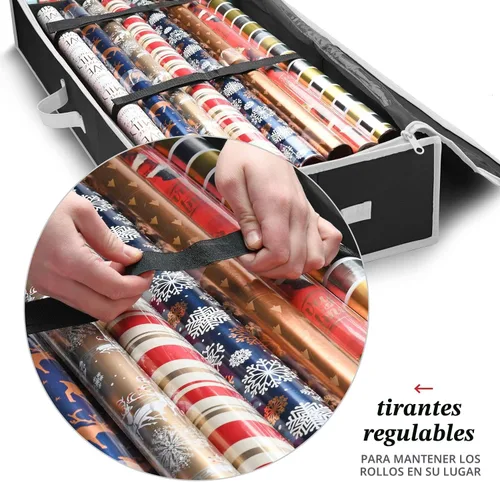 Vista 2 de Organizador de papel de regalo de alta calidad, soporte para papel de regalo con bolsillos adicionales para decoraciones navideñas, asas reforzadas