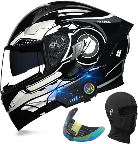 Vista 13 de Casco de motocicleta modular con Bluetooth, aprobado por DOT, casco de cara completa abatible, con visera doble, altavoces duales y micrófono