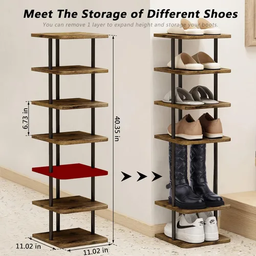 Vista 3 de AZERPIAN Zapatero de 7 niveles, organizador de almacenamiento vertical estrecho de metal delgado moderno, torre de zapatos de pie que ahorra espacio