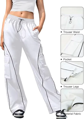 Vista 3 de KMBANGI Pantalones de paracaídas para mujer, holgados Y2k, pantalones deportivos con cintura elástica, rayas laterales, pantalones deportivos