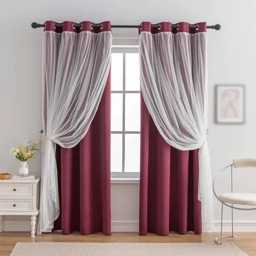Vista 14 de indistar Cortinas Oscuras para el Hogar de Doble Capa con Capa Sólida y Transparente, Par de Paneles de Cortina con Ojales en la Parte Superior, 52