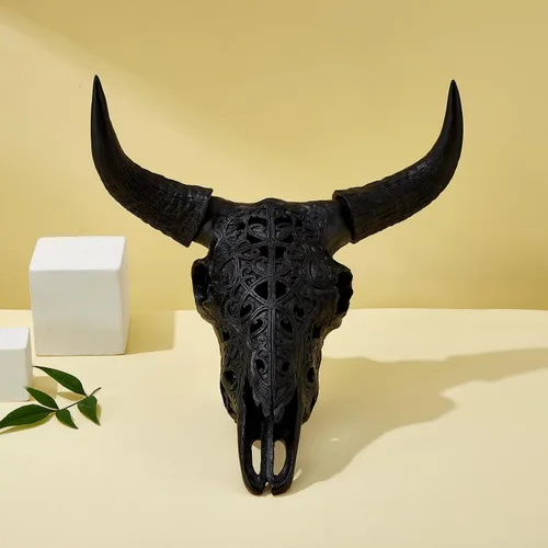 Vista 7 de OTARTU Escultura para colgar en la pared, diseño tribal negro, diseño tallado con calavera de buey de 19 pulgadas, arte de decoración de pared