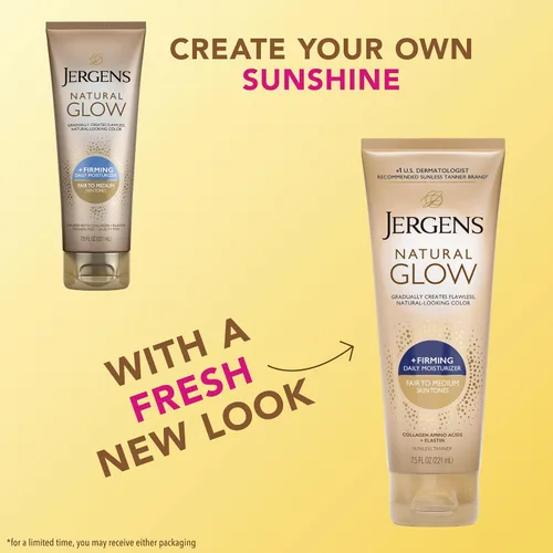 Vista 2 de Jergens Natural Glow +Loción corporal autobronceadora reafirmante, tono de piel claro a medio, hidratante bronceador sin sol con colágeno