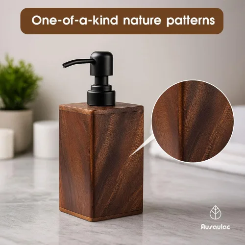Vista 4 de Dispensador de jabón de madera maciza de 6.8 fl oz para baño, cocina, bomba de jabón de manos recargable de madera, dispensador de loción