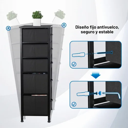 Vista 4 de ZENY Torre de almacenamiento vertical con 5 cajones, marco de metal resistente, parte superior de madera, contenedores de tela fáciles de tirar