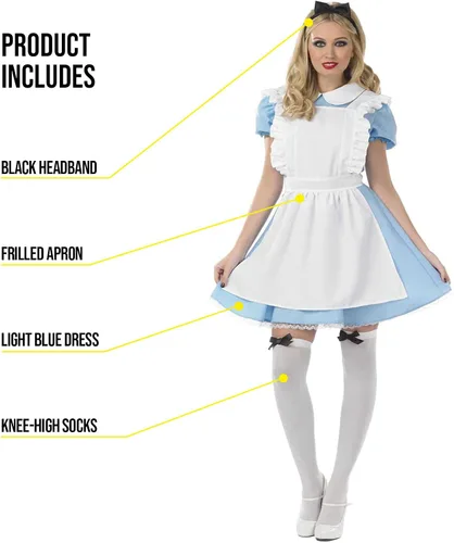 Vista 3 de fun shack Disfraz de Alicia para mujer, vestido azul, disfraz de Alicia, disfraces de cuento de hadas, disfraces de Halloween para mujeres adultas