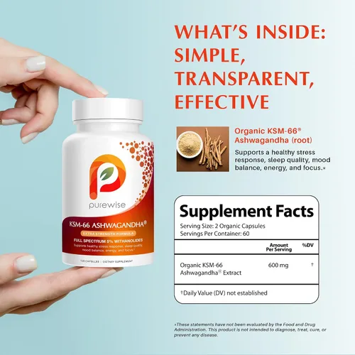 Vista 3 de KSM-66 Ashwagandha 600mg Fórmula extra fuerte – Suplemento de alivio del estrés para apoyo del sueño y apoyo del estado de ánimo – Withanolides