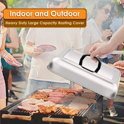 Vista 4 de Leonyo Cubierta de parrilla de 13 x 9 pulgadas para barbacoa, tapa rectangular de acero inoxidable para parrilla al aire libre, cubierta de metal