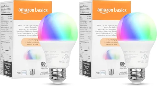 Vista 9 de Amazon Basics Bombilla LED inteligente A19, cambio de color, 9 W (equivalente a 60 W), 800 lm, funciona solo con Alexa, WiFi 2.4 GHz, no requiere