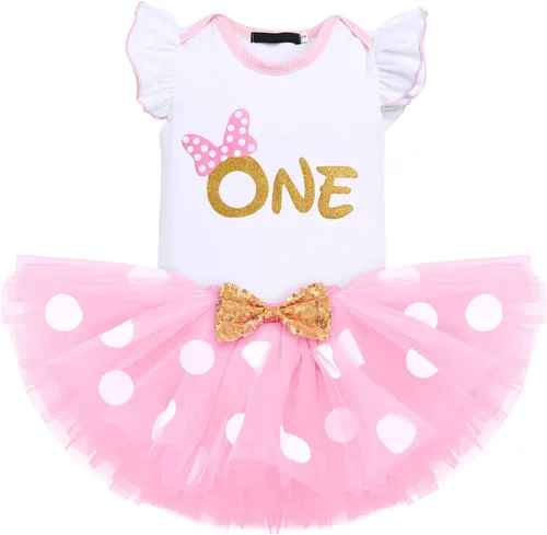 Vista 20 de IMEKIS Conjunto de mameluco para bebé niña de primer y tercer cumpleaños + falda tutú de lunares + diadema para niños pequeños sesión de fotos