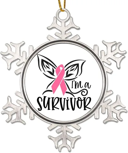 Vista 9 de Adorno colgante de Navidad Stronger Than Cancer Brest Cancer Awareness Metal Copo de nieve Adornos de Navidad Recuerdo Rosa Sobreviviente de Cáncer