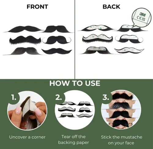 Vista 6 de Mustaches Mezcla de bigote falso autoadhesiva, novedad, paquete de valor de cabello facial falso (6 unidades)